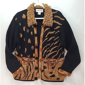 Vintage Victoria Harbour Black and‎ Gold Animal Print Cardigan Sz. M